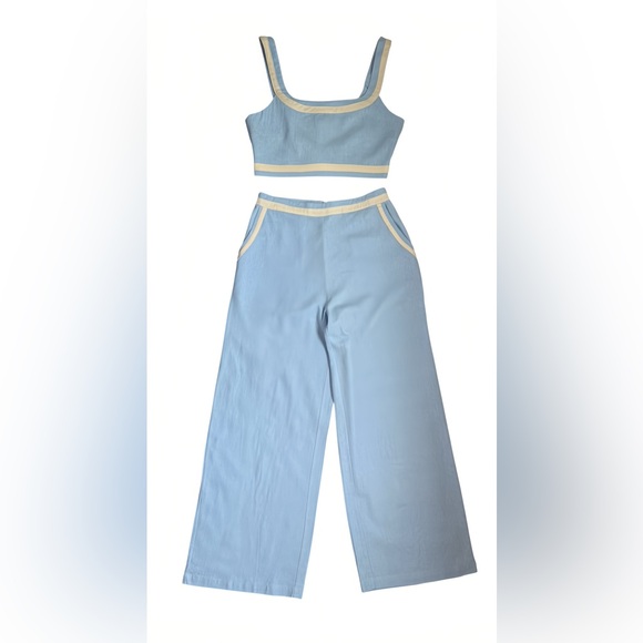 Avec Les Filles Pants - Avec Les Filles Linen Crop Top & Wide Leg Pant Set Sz M (Fits S)Blue Ivory Trim